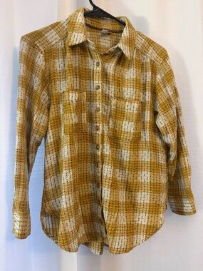 Womens Pilcro Mustard Yellow Plaid Button-Up Shirt